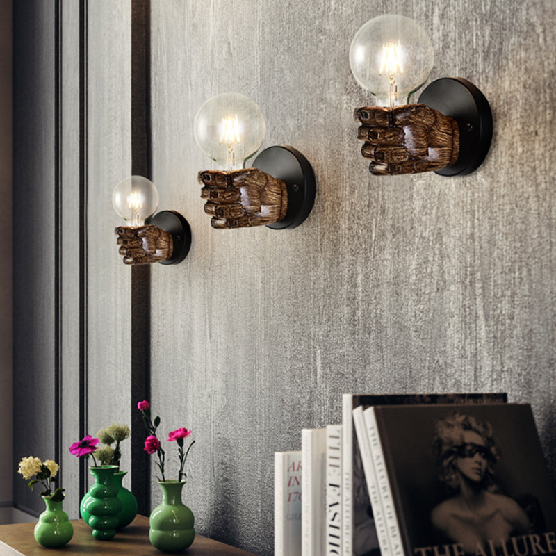 Avtoit | Brown Hand Wall Lamp Single Light Retro Wood Wall Lamp with Globe Bulb for Hallway