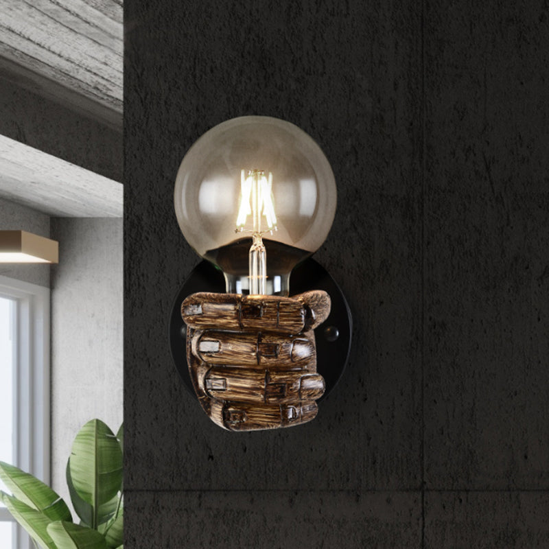 Avtoit | Brown Hand Wall Lamp Single Light Retro Wood Wall Lamp with Globe Bulb for Hallway