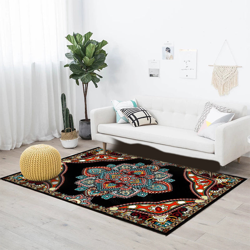 Avtoit | Mediterranean Moroccan carpet in red and black medallion floral pattern carpet polyester non-slip flooring for living room decoration