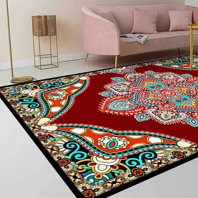 Avtoit | Mediterranean Moroccan carpet in red and black medallion floral pattern carpet polyester non-slip flooring for living room decoration