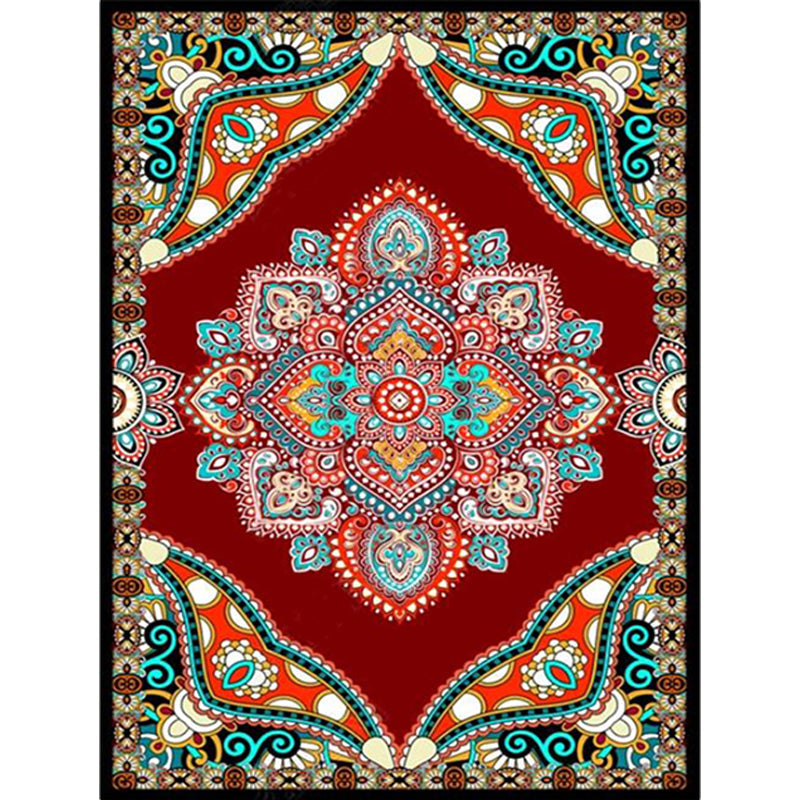 Avtoit | Mediterranean Moroccan carpet in red and black medallion floral pattern carpet polyester non-slip flooring for living room decoration