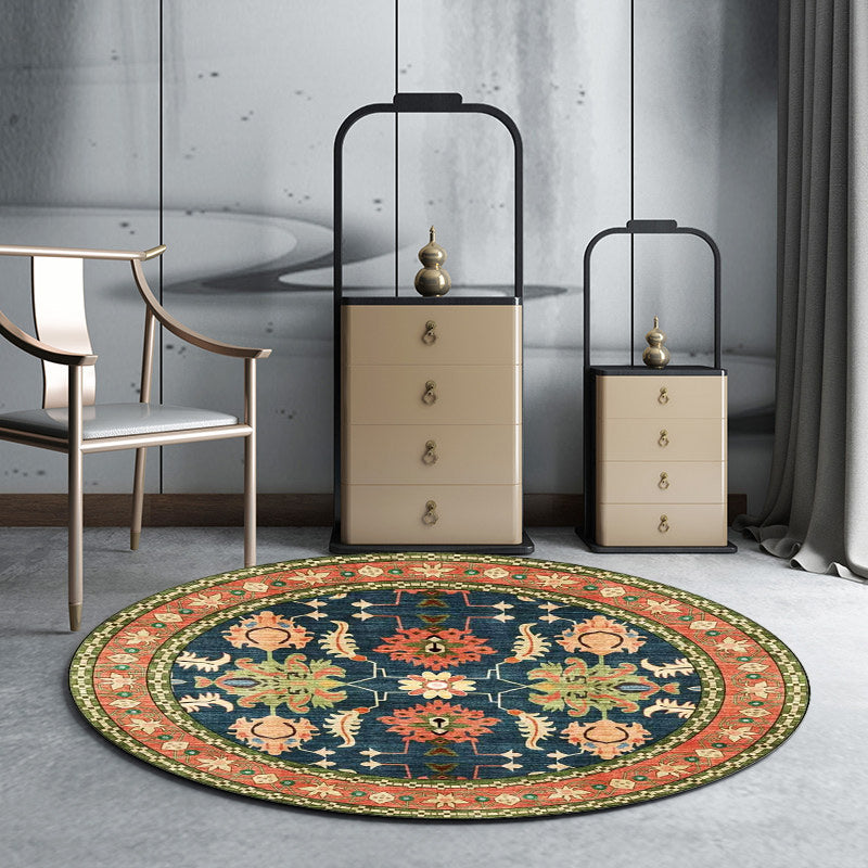 Avtoit | Persian medallion pattern rug with floral blue and green polyester, machine washable, non-slip rug for the bedroom