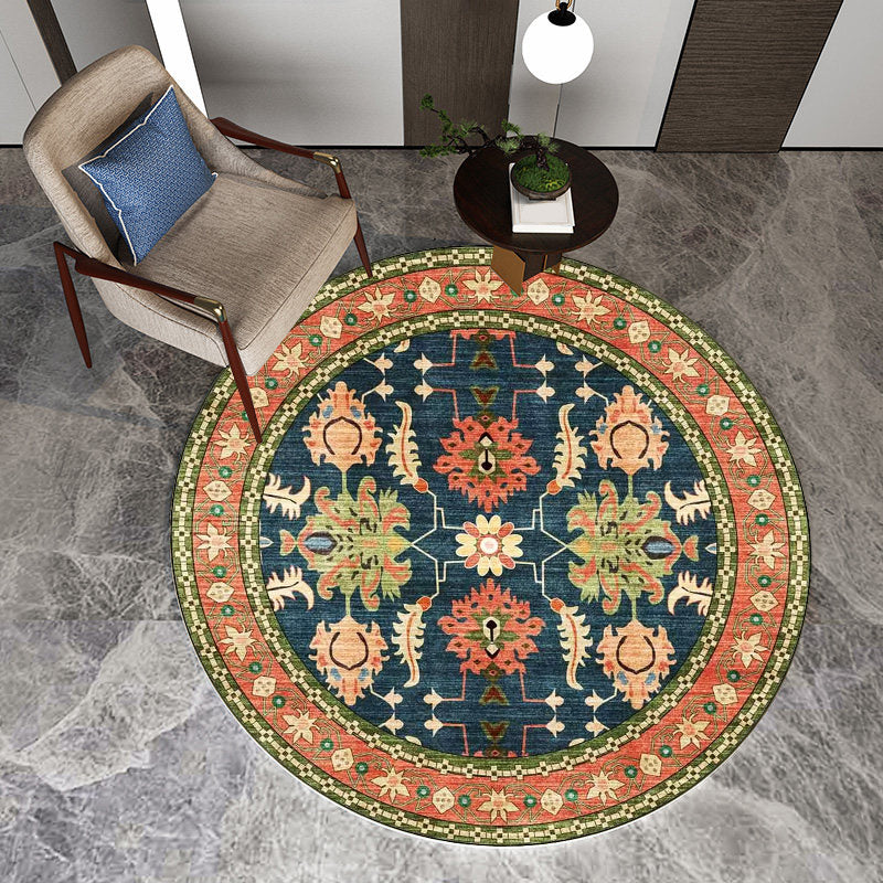 Avtoit | Persian medallion pattern rug with floral blue and green polyester, machine washable, non-slip rug for the bedroom