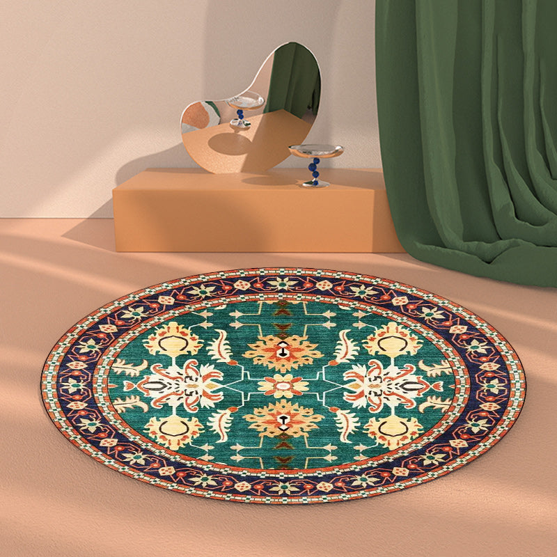 Avtoit | Persian medallion pattern rug with floral blue and green polyester, machine washable, non-slip rug for the bedroom