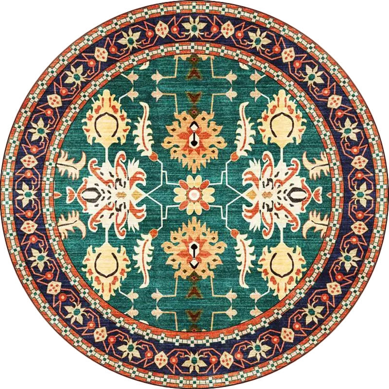 Avtoit | Persian medallion pattern rug with floral blue and green polyester, machine washable, non-slip rug for the bedroom