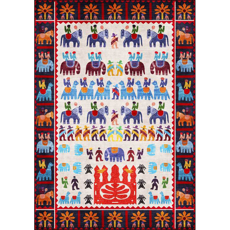 Avtoit | Black Multicolor Sou'wester Carpet Polyester Tribal Character and Animal Pattern Carpet Washable Non-Slip Back Carpet for Living Room