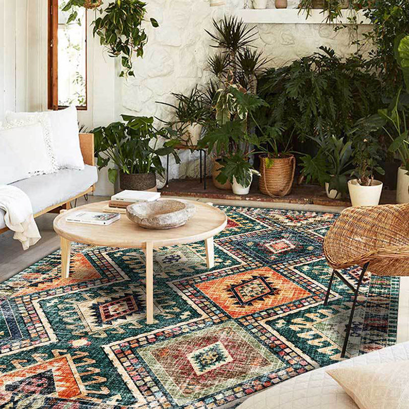 Avtoit | Retro Tribal Pattern Rug Green Polyester Rug Machine Washable Non-Slip Backing Living Room Rug for Living Room