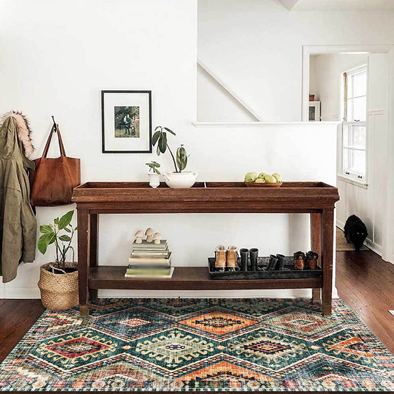 Avtoit | Retro Tribal Pattern Rug Green Polyester Rug Machine Washable Non-Slip Backing Living Room Rug for Living Room