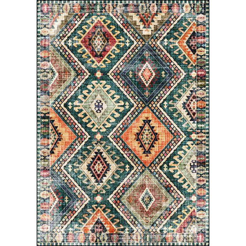 Avtoit | Retro Tribal Pattern Rug Green Polyester Rug Machine Washable Non-Slip Backing Living Room Rug for Living Room