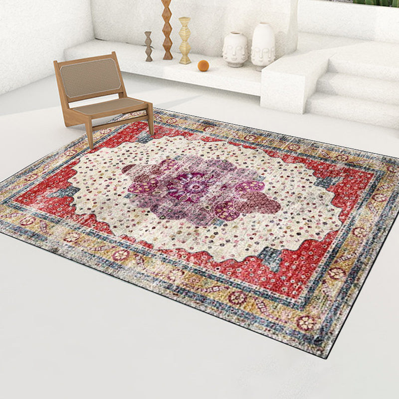 Avtoit | Red Bedroom Carpet Moroccan Medallion Floral Dot Pattern Carpet Polyester Pet-Friendly Carpet