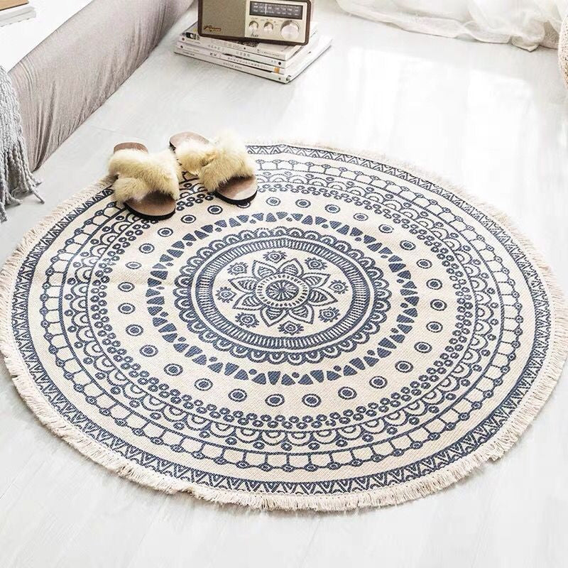 Avtoit | White Southwestern Carpet Linen Floral and Concentrated Circles Pattern Carpet Washable Carpet for Living Room