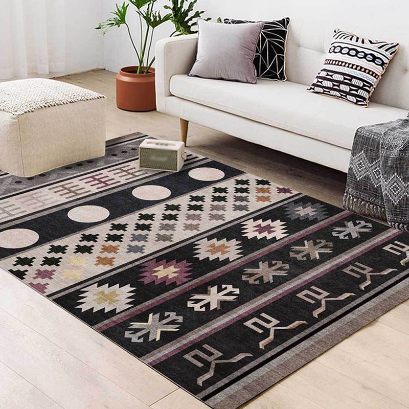 Avtoit | Black Southwestern Rug Polyester Tribal Pattern Rug Washable Non-Slip Backing Rug for Living Room