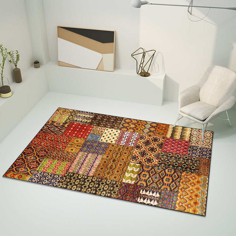 Avtoit | Retro ethnic pattern rug Brown polyester rug machine washable non-slip backing area rug for living room