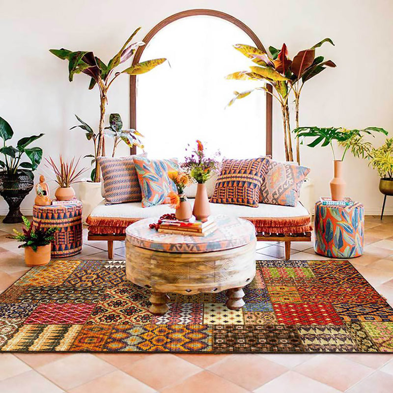 Avtoit | Retro ethnic pattern rug Brown polyester rug machine washable non-slip backing area rug for living room