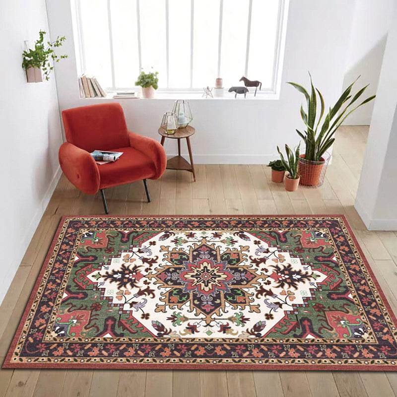 Avtoit | Oriental Moroccan Carpet in Red and Green Medallion Flower Petal Pattern Carpet Polyester Non-slip Doormat for Home Decor