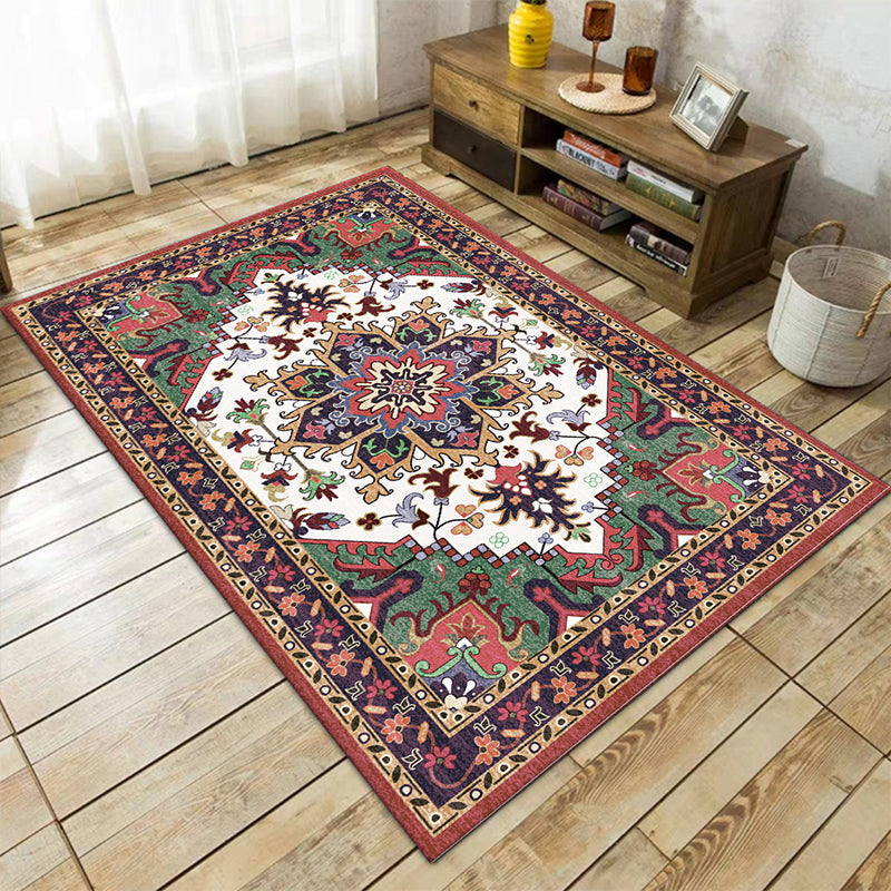 Avtoit | Oriental Moroccan Carpet in Red and Green Medallion Flower Petal Pattern Carpet Polyester Non-slip Doormat for Home Decor