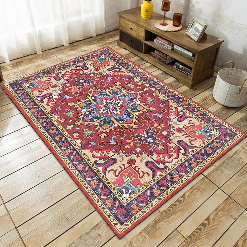 Avtoit | Oriental Moroccan Carpet in Red and Green Medallion Flower Petal Pattern Carpet Polyester Non-slip Doormat for Home Decor