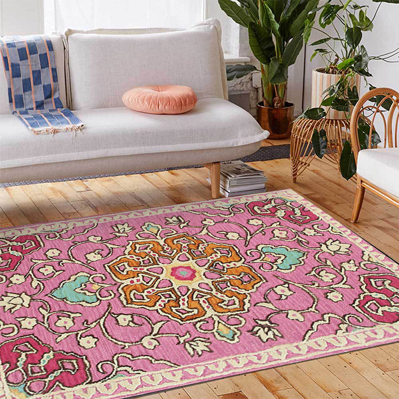 Avtoit | Moroccan living room rug in pink medallion floral pattern rug polyester machine washable non-slip rug