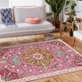 Avtoit | Moroccan living room rug in pink medallion floral pattern rug polyester machine washable non-slip rug