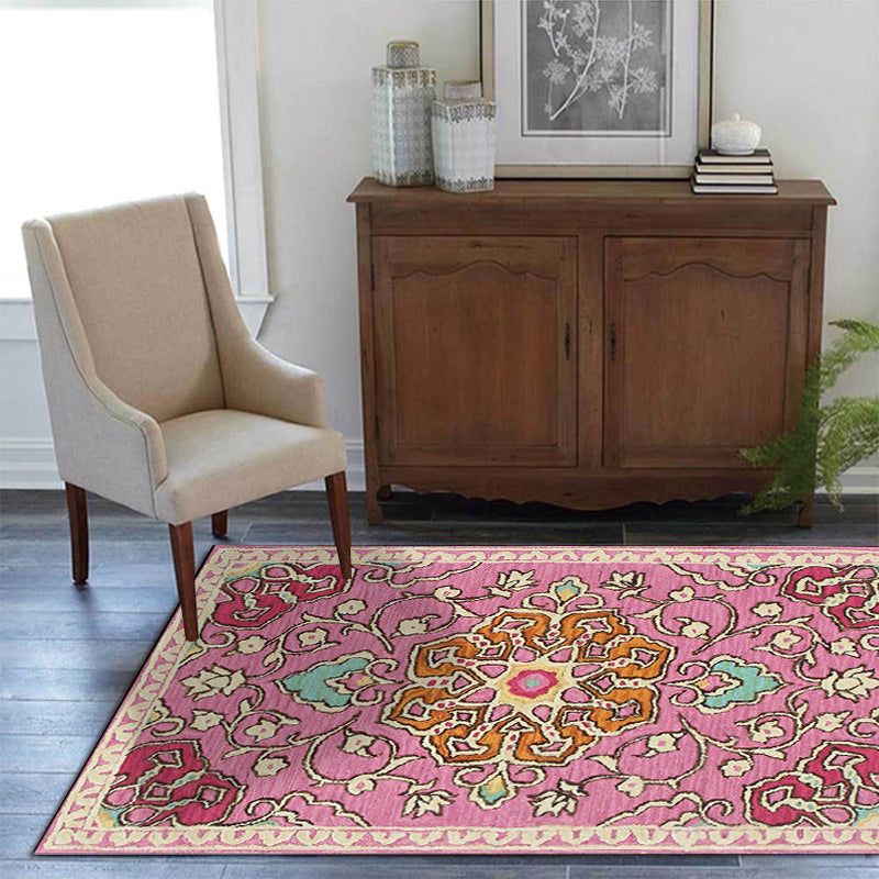 Avtoit | Moroccan living room rug in pink medallion floral pattern rug polyester machine washable non-slip rug