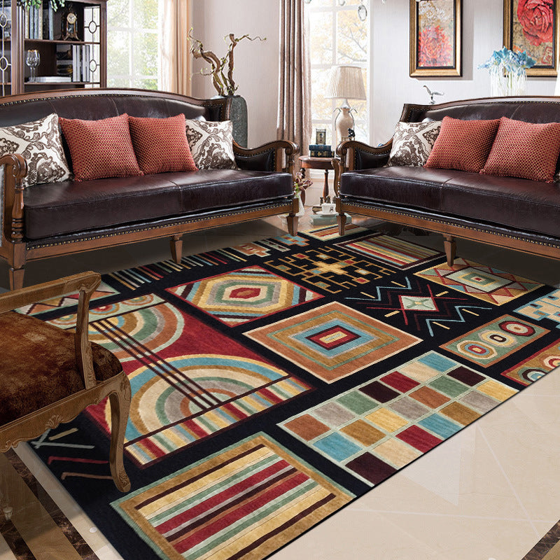 Avtoit | Black Multicolored Southwest Rug Polyester Checkered Pattern Rug Washable Non-Slip Back Rug for the Living Room