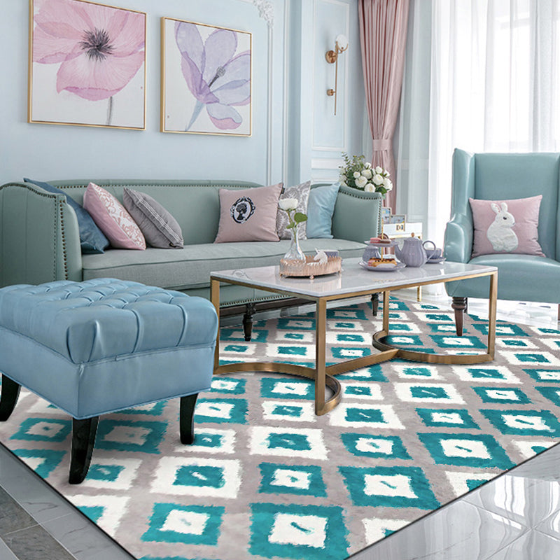 Avtoit | Blue and Gray Bedroom Rug Novelty Geometric Diamond Pattern Area Rug Polyester Pet-Friendly Rug