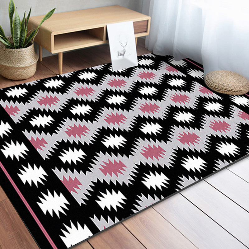 Avtoit | Southwestern Living Room Rug in Black Geometric Print Rug Polyester Stain Resistant Washable Area Rug