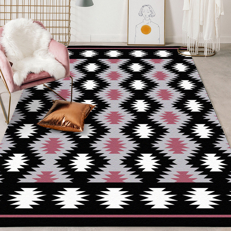 Avtoit | Southwestern Living Room Rug in Black Geometric Print Rug Polyester Stain Resistant Washable Area Rug