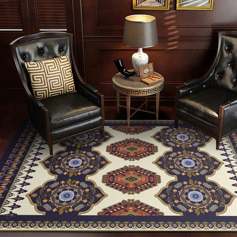 Avtoit | Navy Blue and Beige Americana Rug Polyester Tribal Floral Pattern Rug Washable Non-Slip Back Rug for Living Room