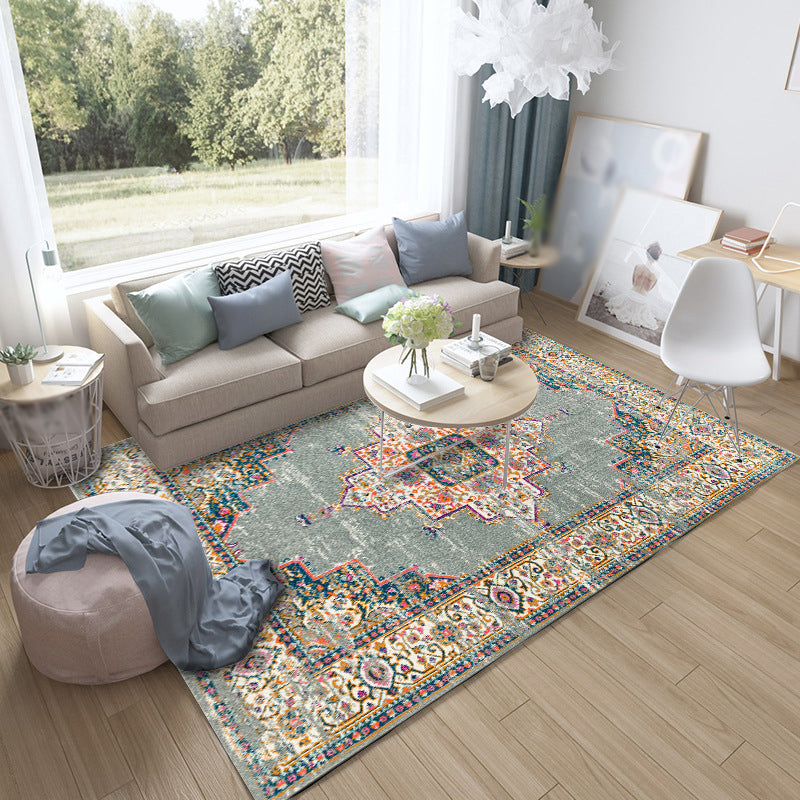 Avtoit | Moroccan living room rug in green medallion floral pattern rug polyester non-slip backing rug