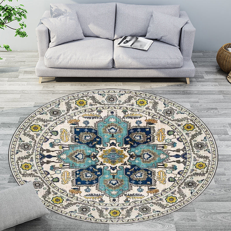 Avtoit | Classic medallion pattern rug with floral blue and red tribal rug made of washable polyester non-slip backing rug for the living room