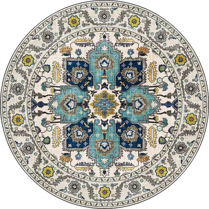 Avtoit | Classic medallion pattern rug with floral blue and red tribal rug made of washable polyester non-slip backing rug for the living room