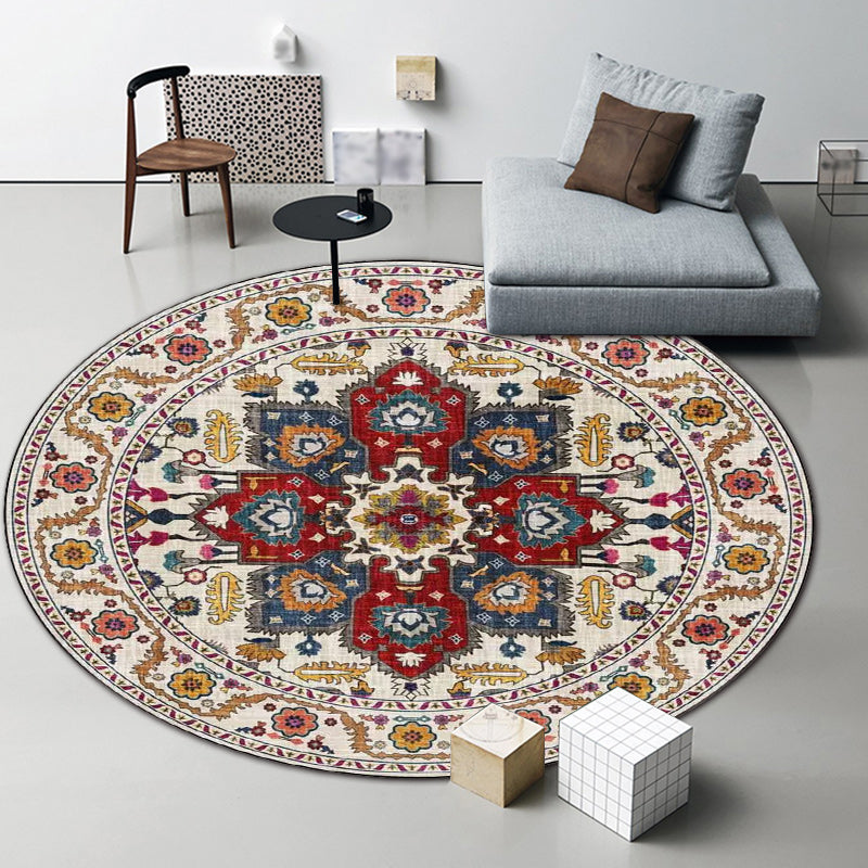 Avtoit | Classic medallion pattern rug with floral blue and red tribal rug made of washable polyester non-slip backing rug for the living room
