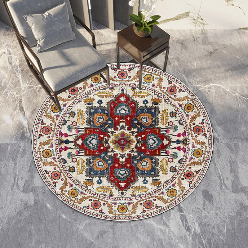Avtoit | Classic medallion pattern rug with floral blue and red tribal rug made of washable polyester non-slip backing rug for the living room