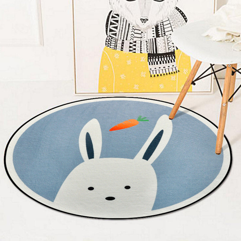 Avtoit | Blue and Ivory Children's Room Carpet Child Animals Rabbit Owl Elephant Penguin Pattern Area Rug Polyester Washable Carpet