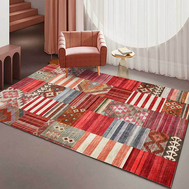 Avtoit | American Tribal Striped Pattern Carpet Red Polyester Carpet Machine Washable Non-Slip Back Living Room Carpet for Bedroom