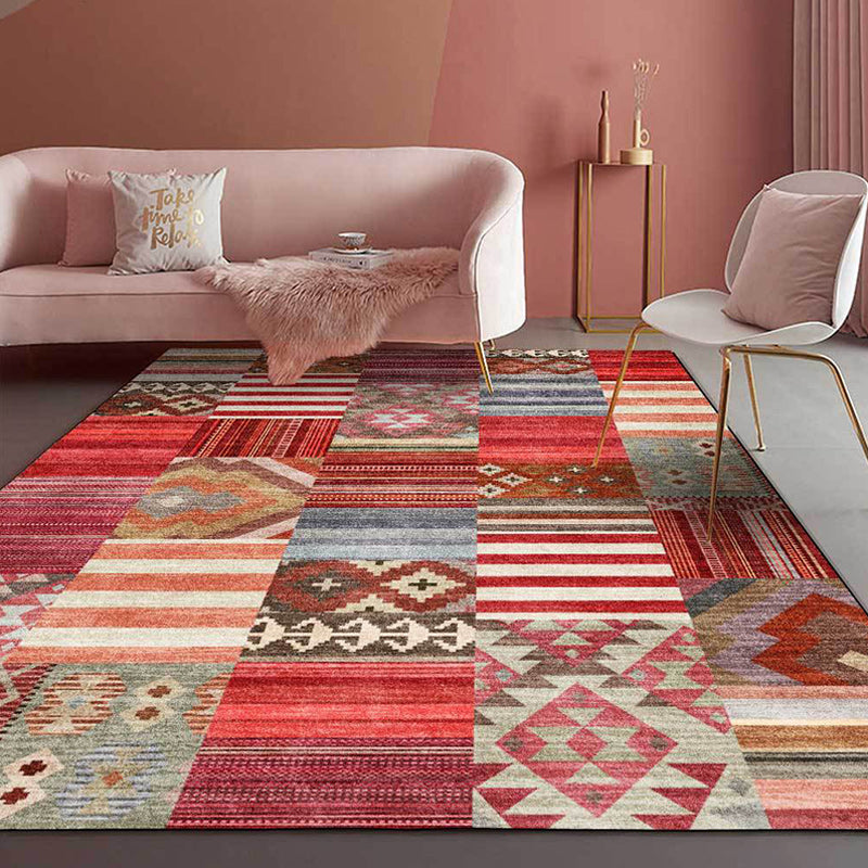 Avtoit | American Tribal Striped Pattern Carpet Red Polyester Carpet Machine Washable Non-Slip Back Living Room Carpet for Bedroom