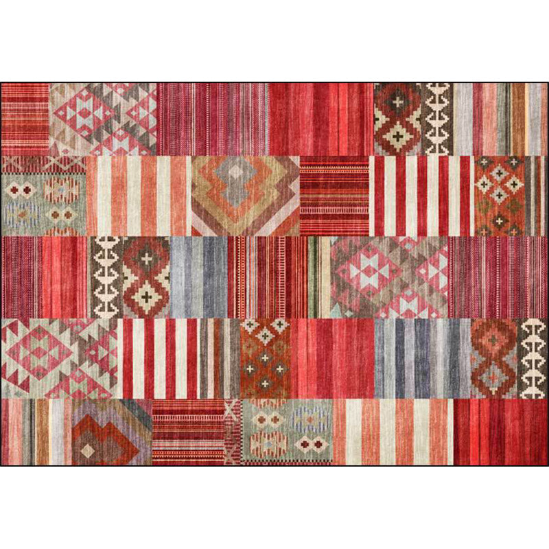 Avtoit | American Tribal Striped Pattern Carpet Red Polyester Carpet Machine Washable Non-Slip Back Living Room Carpet for Bedroom