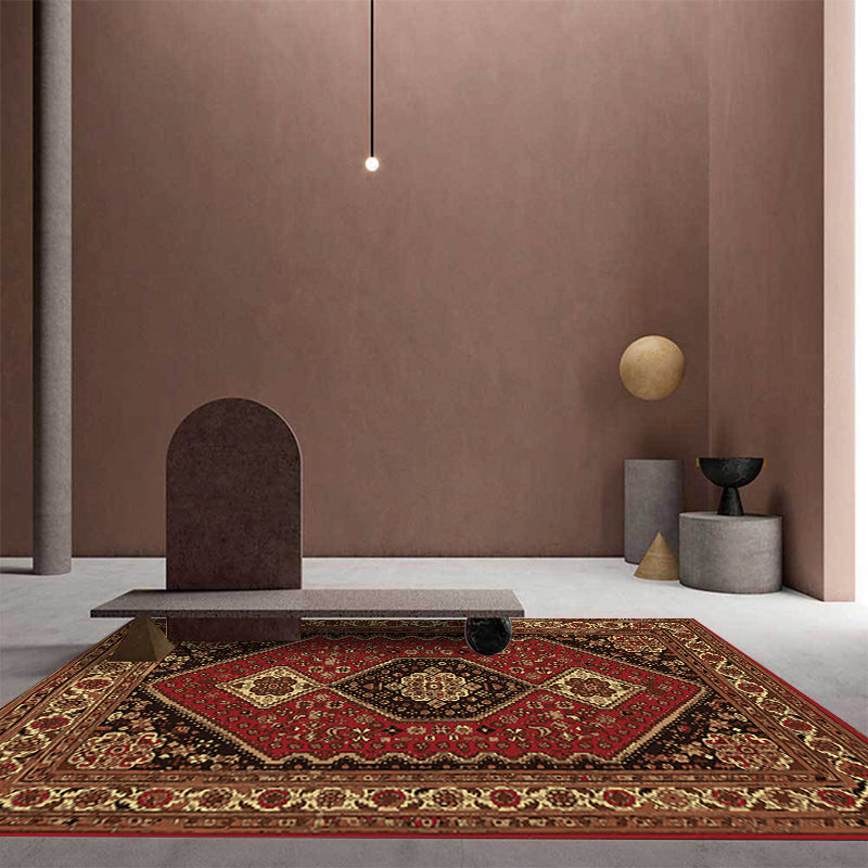 Avtoit | Red and Brown Bedroom Rug Moroccan Medallion Floral Pattern Area Rug Polyester Stain Resistant Rug