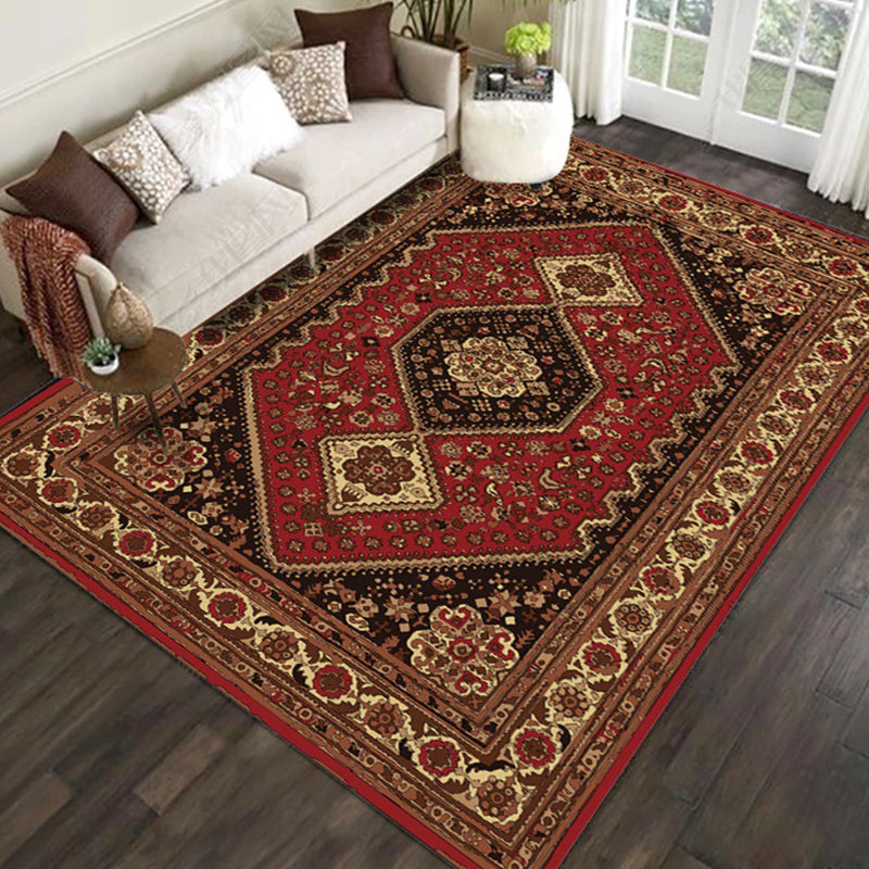 Avtoit | Red and Brown Bedroom Rug Moroccan Medallion Floral Pattern Area Rug Polyester Stain Resistant Rug
