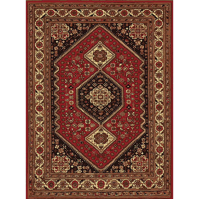 Avtoit | Red and Brown Bedroom Rug Moroccan Medallion Floral Pattern Area Rug Polyester Stain Resistant Rug