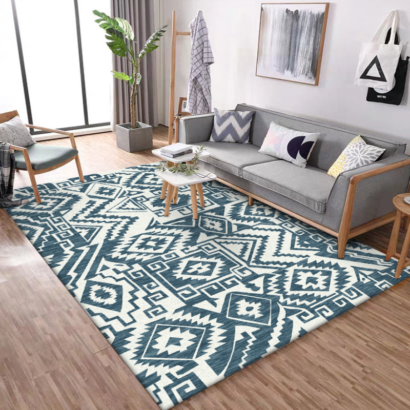 Avtoit | Tribal Southwest rug in blue and white geometric pattern rug polyester pet-friendly rug for home decoration