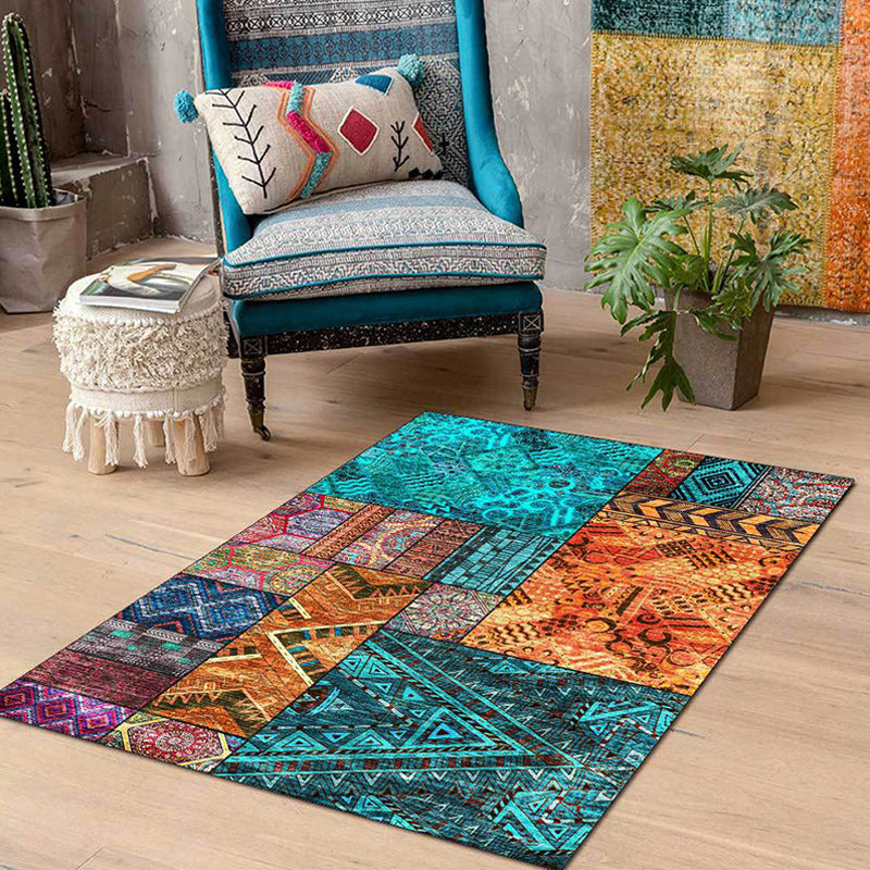 Avtoit | Traditional Tribal Pattern Carpet Blue and Orange Southeast Carpet Polyester Machine Washable Non-Slip Back Carpet for Bedroom