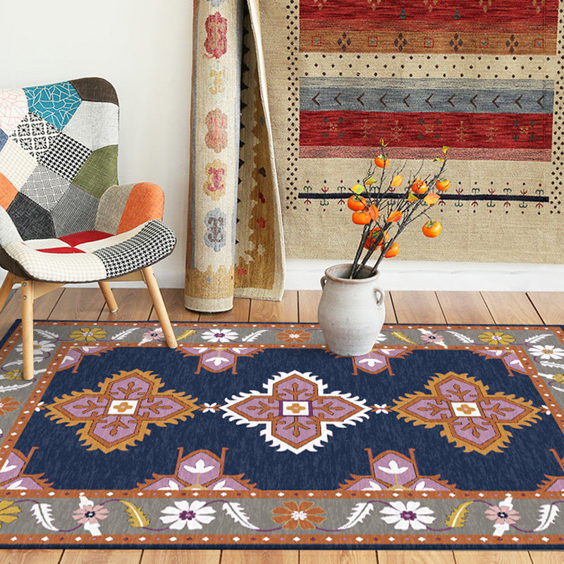 Avtoit | Eastern Moroccan rug in blue and gray medallion flower petal pattern rug polyester non-slip rug for home decor