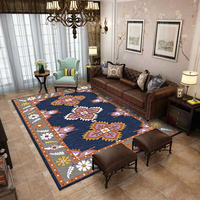 Avtoit | Eastern Moroccan rug in blue and gray medallion flower petal pattern rug polyester non-slip rug for home decor