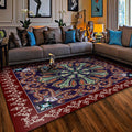Avtoit | Moroccan Living Room Rug in Red and Blue Medallion Pattern Floral Print Rug Polyester Non-Slip Flooring