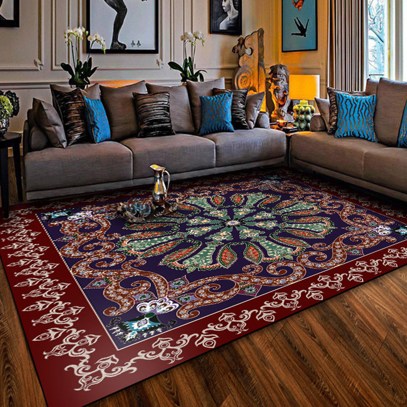 Avtoit | Moroccan Living Room Rug in Red and Blue Medallion Pattern Floral Print Rug Polyester Non-Slip Flooring