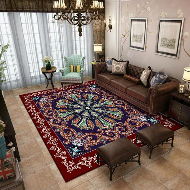 Avtoit | Moroccan Living Room Rug in Red and Blue Medallion Pattern Floral Print Rug Polyester Non-Slip Flooring