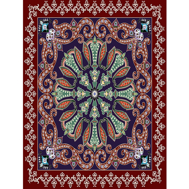 Avtoit | Moroccan Living Room Rug in Red and Blue Medallion Pattern Floral Print Rug Polyester Non-Slip Flooring