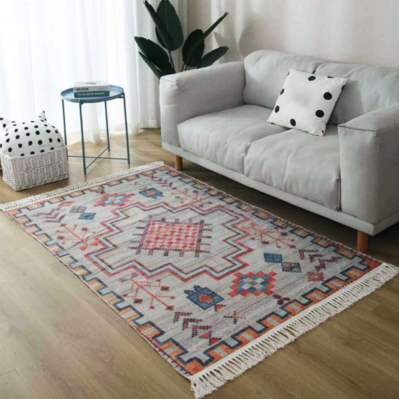 Avtoit | Gray and blue southwestern carpet linen tribal and geometric pattern carpet washable fringe back for the living room